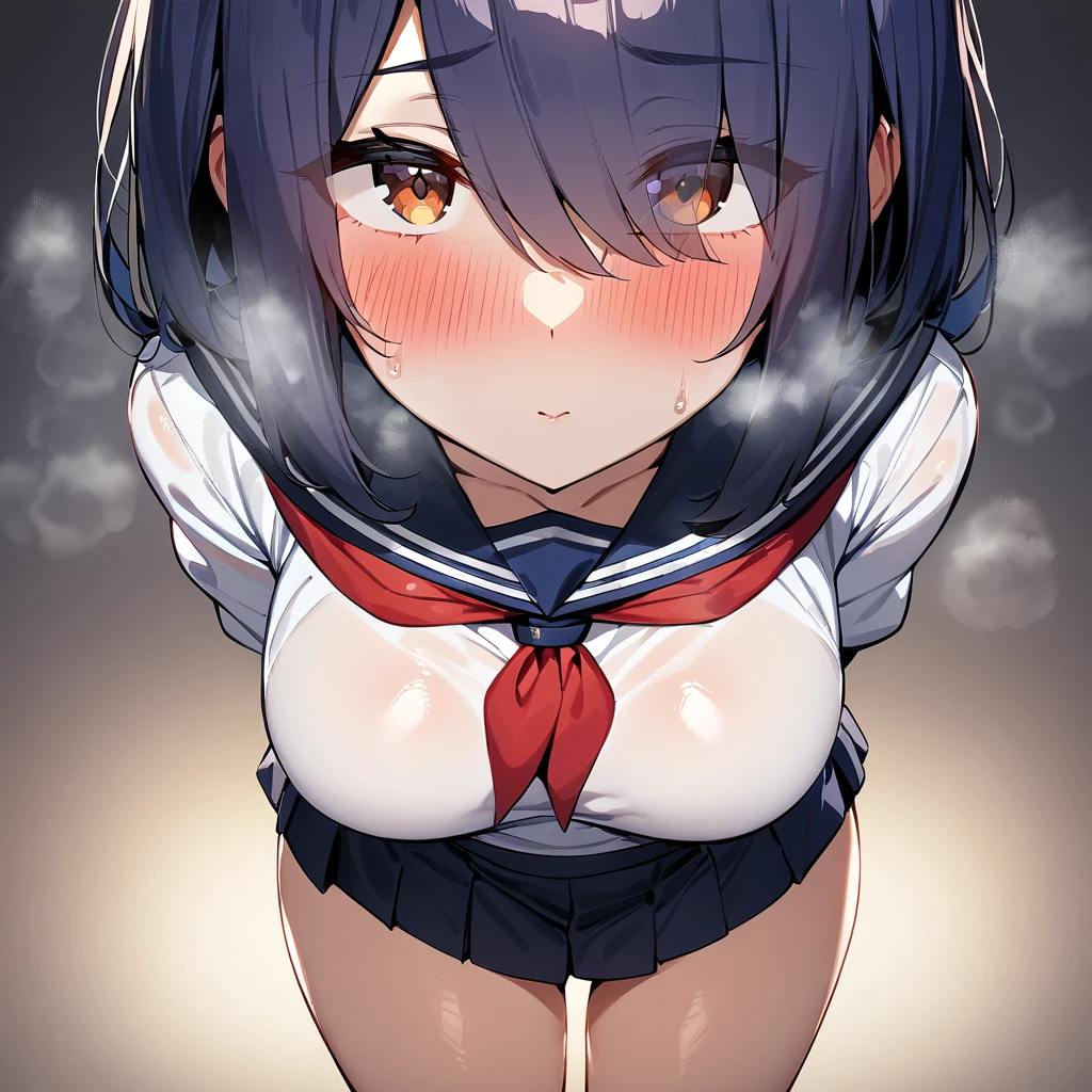 nsfw,(2girls:1.5),(Erotic),pov,Closed mouth,serafuku),red neckerchief,white blouse,pleated skirt,dark blue blouse,sexually suggestive,(Cleavage:1), Leaning forward(cowboyshot:1.5),(in heat:1.5),(Breasts),(heavy breathing:1.5),arms behind back,(Legs_apart),(shiny_skin),(eyes visible through hair:1.5),very sweaty,dark blue hair,(brown eyes),hair over eye,blush,(Heavy Breathing:1.3),(Steaming body:1),(straight-on),(light skin:1.5),masterpiece,best quality,very aesthetic,absurdres,medium hair,straight hair,(female:1),(curvy:1),(incoming kiss), facing_viewer
