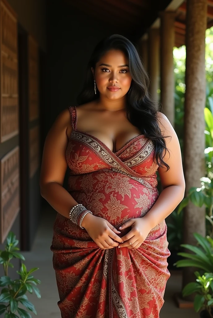 (hyperrealistic photo), exotic indonesian woman, plump, natural big breasts, knee-lenght batik houseress with intricate javanese details, looking at the viewer, natural light, wide angle full-body shot, indonesian village house in the background,