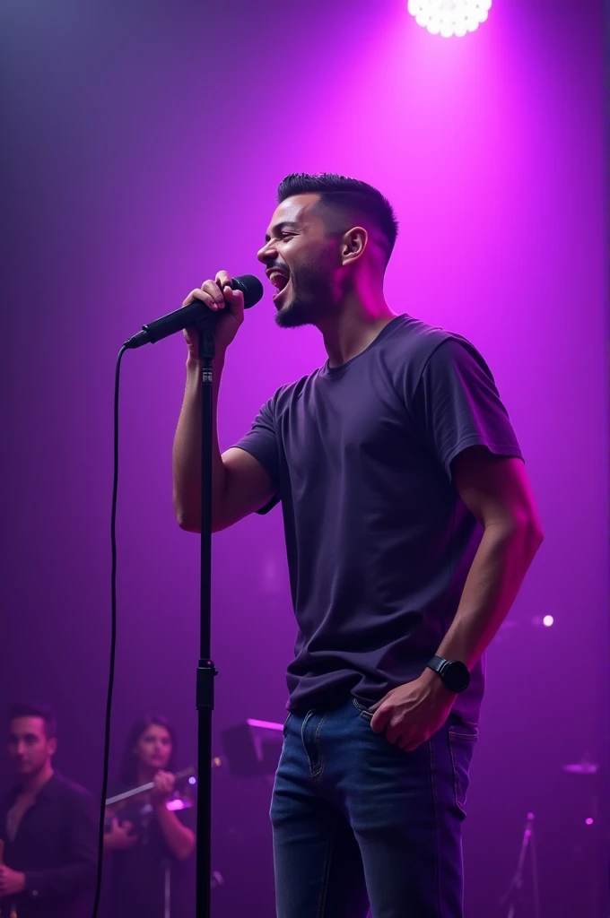Handsome man crew cut hair wearing t-shirt and jeans, singing on the stage, purple spotlight on the background, karaoke party atmosphere