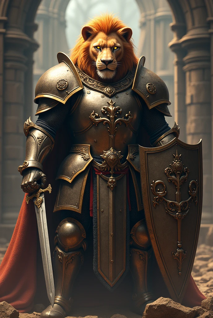 a powerful lion knight,a majestic lion knight in shining armor,detailed muscular lion knight,dramatic lion knight portrait,cinematic lion knight scene,epic fantasy lion knight,noble lion knight with sword and shield,lion knight with glowing eyes and fierce expression,photorealistic lion knight in medieval setting,highly detailed 3D rendered lion knight,(best quality,8k,realistic,photorealistic:1.37),(intricate details,hyper realistic:1.2),detailed textures,masterful lighting,dramatic shadows,cinematic composition,vivid colors,fantasy art