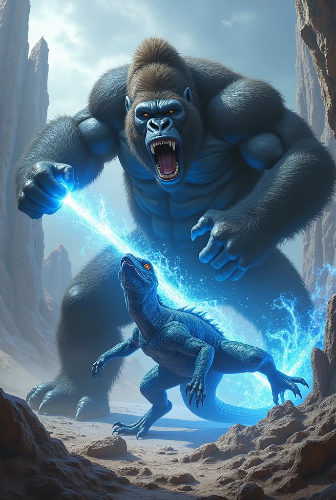 Giant gorilla fighting with giant crystal lizard with blue beam 