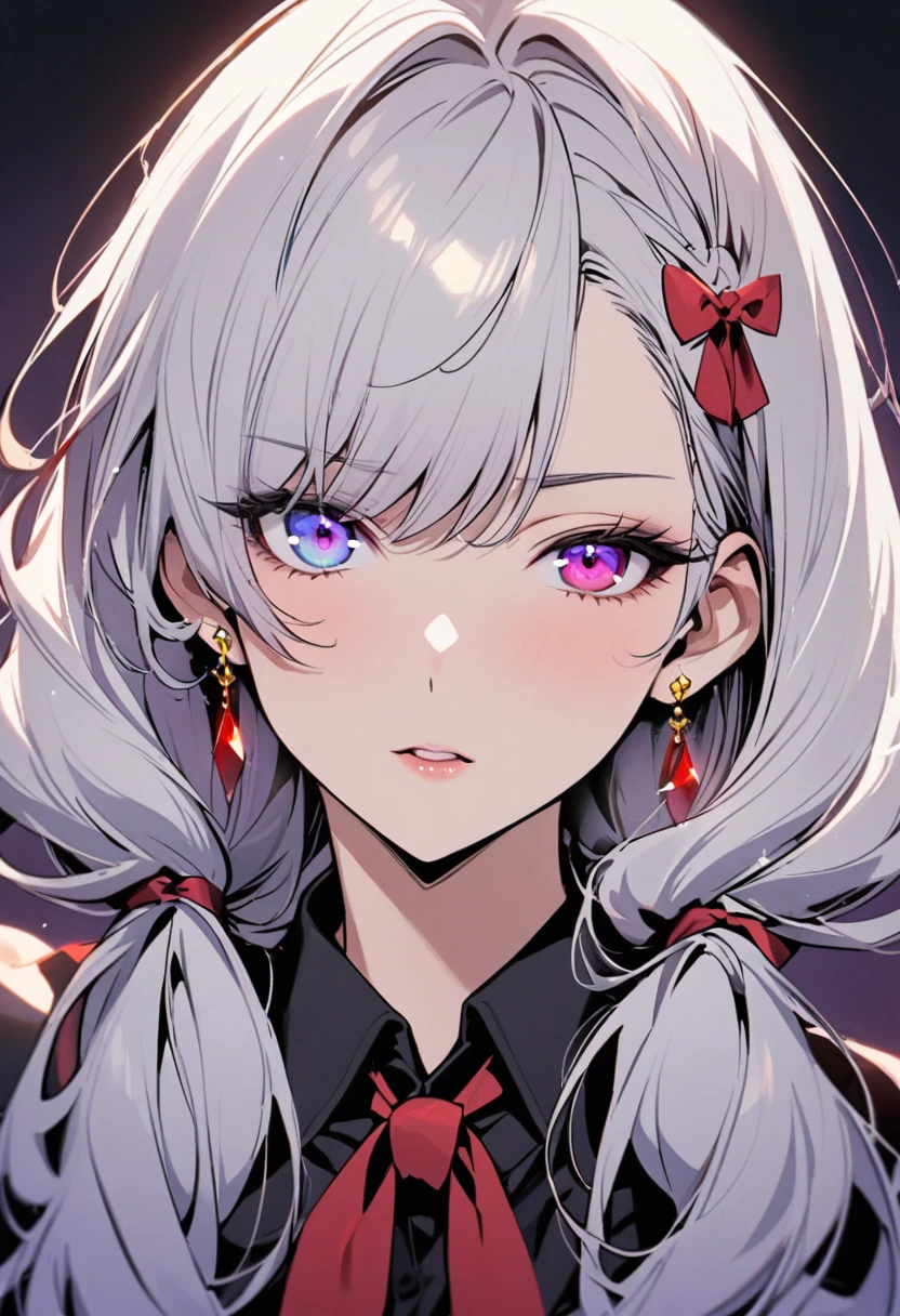 girl, mature, white hair, diamond earings, long hair, low twin tails, red bow on hair, two color eyes, blue right eye, purple left eye, adult. front face, beautiful