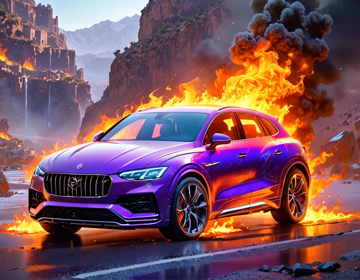 a beautiful female knight ready for battle, stands near her loyal car, a mature female paladin knight, holy warrior, ((full body: 1.5)), ((anatomically correct: 1.5)), (ultra detailed face: 1.2), looking tense, looking dangerous, dynamic eye color, dynamic hair color, dynamic hair style dynamic skin complexion, holding a radiant sword, holy sword, divine sword, wearing intricate armor, wearing high heeled boots, BREAK standing near her car, divine car, magical car, ready to battle car, car wreathed in flames, holy intricate runes, slick car, vibrant, Ultra-high resolution, High Contrast, (masterpiece:1.5), highest quality, Best aesthetics), best details, best quality, highres, 16k, (ultra detailed: 1.5), masterpiece, best quality, (extremely detailed) RAW, (ultra details, Masterpiece, best quality), Cinematic Hollywood Film, GlowingRunesAI_purple, faize