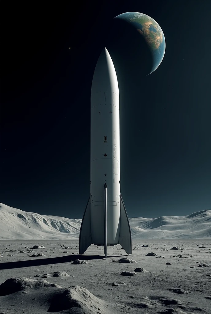 SpaceX starship spacecraft landed on the surface of the moon, dark sky and only planet Earth seen on the horizon. From The Perry Rhodan Space saga 