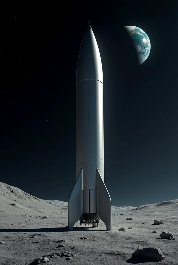 SpaceX starship spacecraft landed on the surface of the moon, dark sky and only planet Earth seen on the horizon. From The Perry Rhodan Space saga 