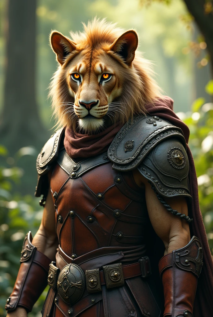 a lioness knight, highly detailed and realistic digital art, cinematic lighting, dramatic pose, muscular female figure, leather armor, glowing eyes, fierce expression, lush green forest background, volumetric lighting, vibrant colors, 8k, photorealistic, cinematic composition, epic fantasy, concept art style