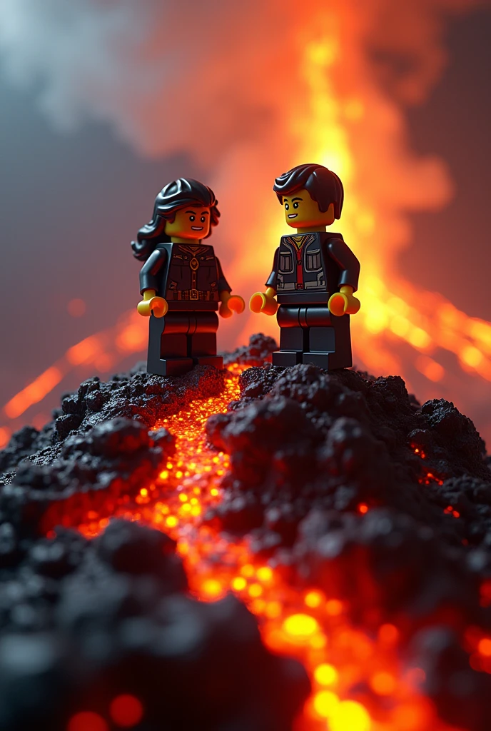 lego two men on volcano, detailed lego figures, highly detailed lego bricks, realistic lava, dynamic lava flow, dramatic clouds, moody lighting, epic cinematic angle, vibrant colors, photorealistic, masterpiece, 4k, hyper-detailed. Tilt shift photographer