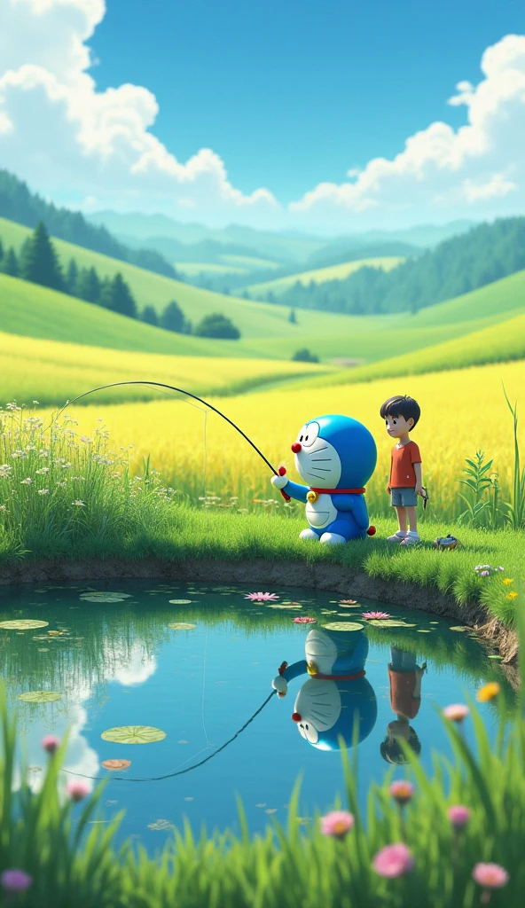 Doraemon goes fishing with a -yeld far boy in a large pond in the middle of the field. 3D image.