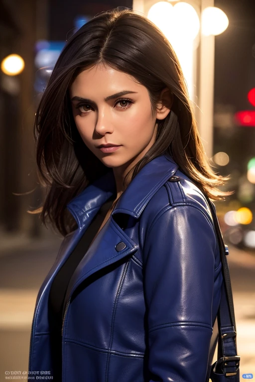 Best quality, realistic, from the front in first person, Nina Dobrev on the streets of Los Angeles, (a female mexican Supermodel), (A sexy blue leather trench coat:1.1), split, seductive smile, (dark hair), (hairstyle:1.0), Perfect eyes, sharp parts, detailed face, face-makeup, cheeks turn red, Eyeliner, eyeshadow, lip gloss, Supermodel, (Deep Focus), (hard lighting), (Night time), (realistic lighting:1.0)