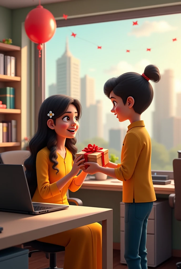 In a modern corporate office with cubicles and desks, a window offers a view of the city. Sushma, dressed in a yellow dress, jeans, and a small white flower in her hair, sits at her desk on an office chair, deeply focused on her Lenovo ThinkPad laptop, working on a Java project in IntelliJ IDEA. Her desk is adorned with festive decorations for Raksha Bandhan. Standing beside her, Ramkumar holds a gift box with the message "Happy Raksha Bandhan, Sushma." Sushma’s face shows a blend of happiness and surprise as she looks at Ramkumar. The scene captures their joyful expressions and the festive atmosphere of Raksha Bandhan amidst the busy office environment.