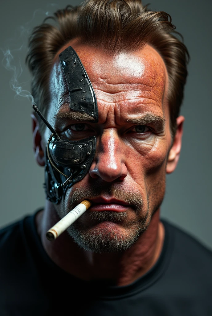 (masterpiece, best quality), Arnold Schwarzenegger (The Expendables movie),  1 man, epic (photo, studio lighting, hard light, sony a7, 50 mm, matte skin, pores, colors, hyperdetailed, hyperrealistic), ultrasharp, half face scratched inside cyborg, one eye of cyborg, 8k ultra hd, detailed, cramps, aggressive, portrait, front facing, cigar on mouth smoking, smokes from cigar, more  skin texture, realistic, half face cyborg inside 