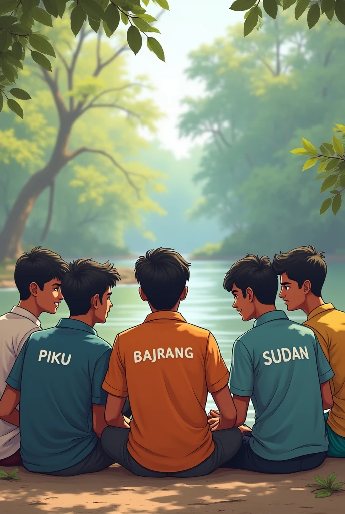 Boys friends are sitting in line on the a beside the river and enjoy, talking together in a half moon and other time of a days and their names are Piku, Suman, Bajrang, Sudan, Sumit printed on their shirt in a l