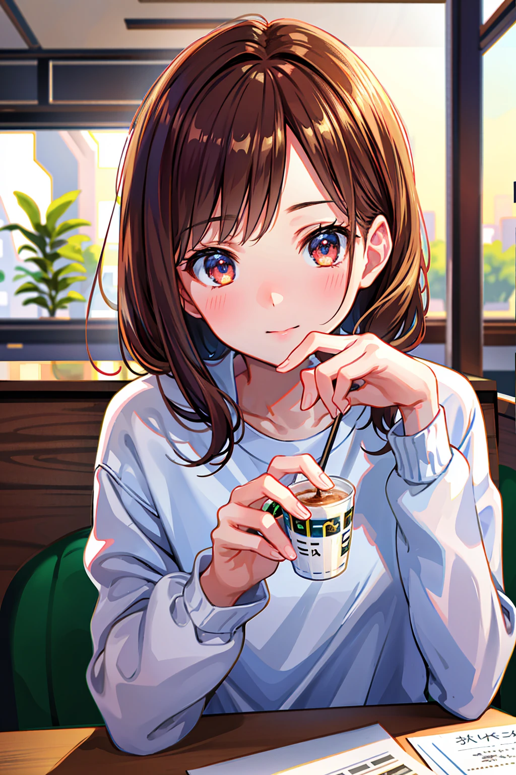  (8k, RAW Photos, Highest quality, masterpiece:1.3), (Realistic, photo-Realistic:1.4), (extremely detailed 8k wallpaper), Sharp focus, Written boundary depth,Brown Hair，Shortcuts，Slender beauty Japanese idol,very cute,(Baby Face),sweater, Look at us and laugh, Upper Body, Highly detailed face and eyes,((Glowing Skin:1.2)), Cinema Lighting, Soft Light, Blur the background, Bokeh, Modern interior of a cafe in Tokyo