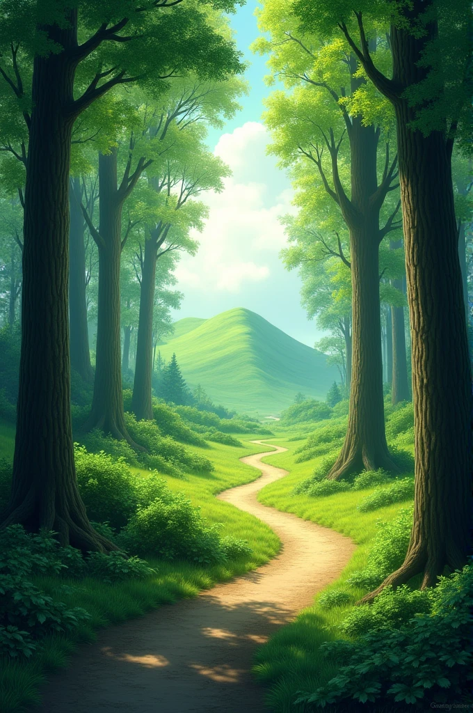 A green forest with towering trees, a winding path leading towards a distant hill.






A green forest with towering trees, a winding path leading towards a distant hill.






