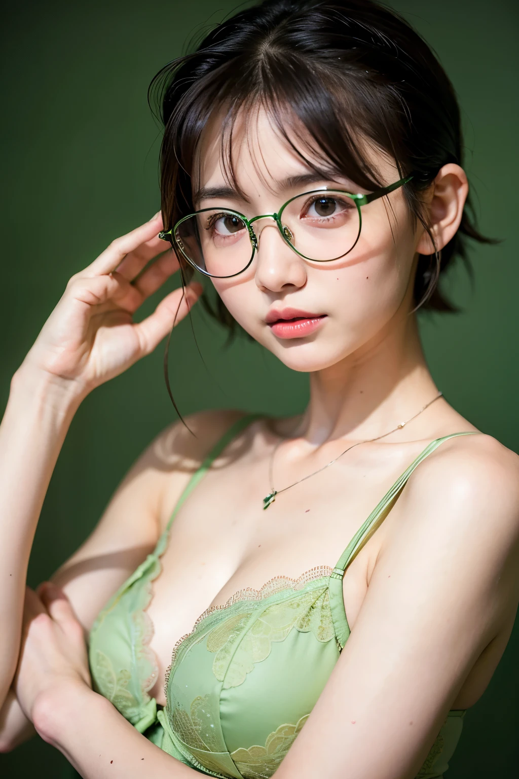 ((Highest quality)), ((masterpiece)), (detailed), One cute anime face,Very cute baby face,pink pale lips,Perfect skeleton,Small hands,Long limbs,Wearing rimless glasses,Compact short hair,Looks about ,Very small breasts,Flat Chest,Perfect smooth skin,Fine skin,Panty with thin green lace trim,Bra with thin green lace trim,Shy upward glance,Running their hand through their hair,Wearing an oversized men's shirt