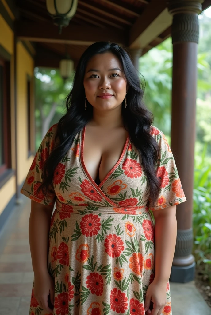 (hyperrealistic photo), exotic indonesian woman, plump, natural big breasts, knee-lenght batik housedress with intricate floral details, looking at the viewer, natural light, wide angle full-body shot, indonesian village house in the background,