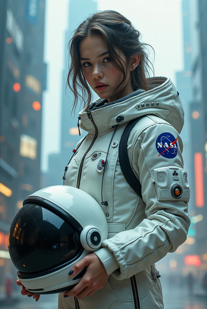 Cyberpunk vision, 1girl, beautiful girl wearing white nasa space jackets, holding the space helmet