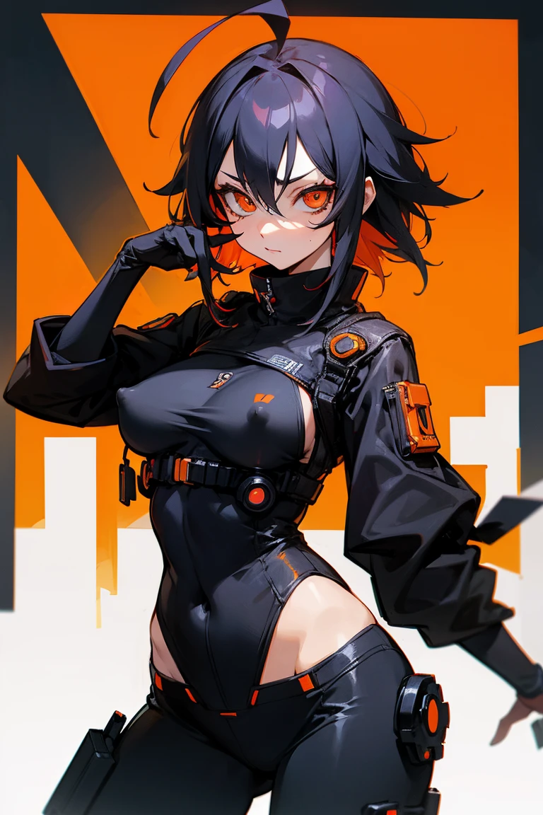 Cowboy Shot, Burushaski,woman,Erect nipples,White eyes,Colored sclera,Ahoge,Show your hand,Black clothes, Orange background, + Cyberpunk City