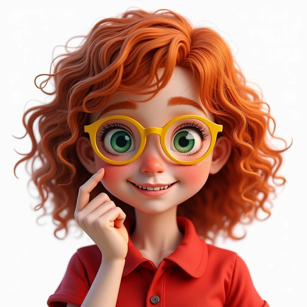photorealistic, half-length portrait, a charming smiling girl, green eyes, red curly hair, freckles. wearing yellow round glasses, with a finger of the right hand touching the glasses, red polo shirt, white background, high resolution, intricate details, 8k