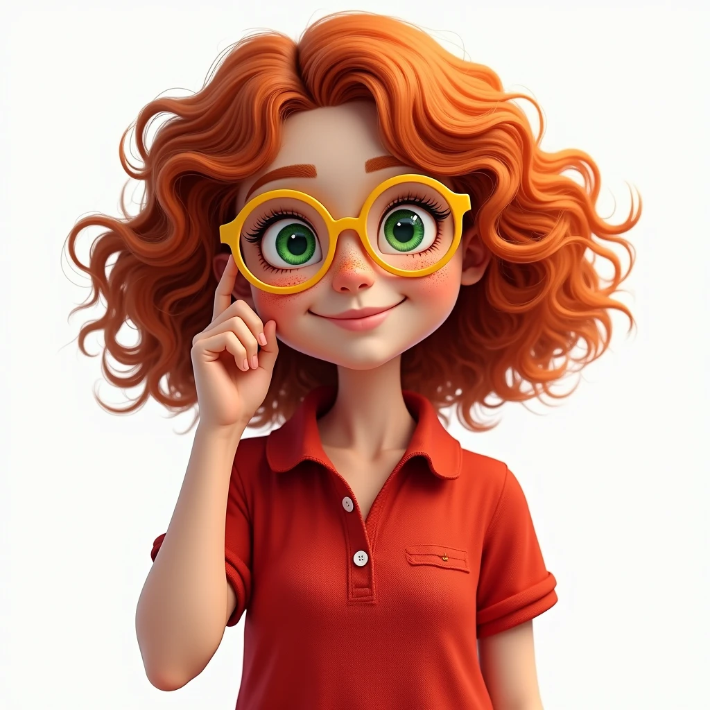 photorealistic, half-length portrait, a charming smiling girl, green eyes, red curly hair, freckles. wearing yellow round glasses, with a finger of the right hand touching the glasses, red polo shirt, white background, high resolution, intricate details, 8k