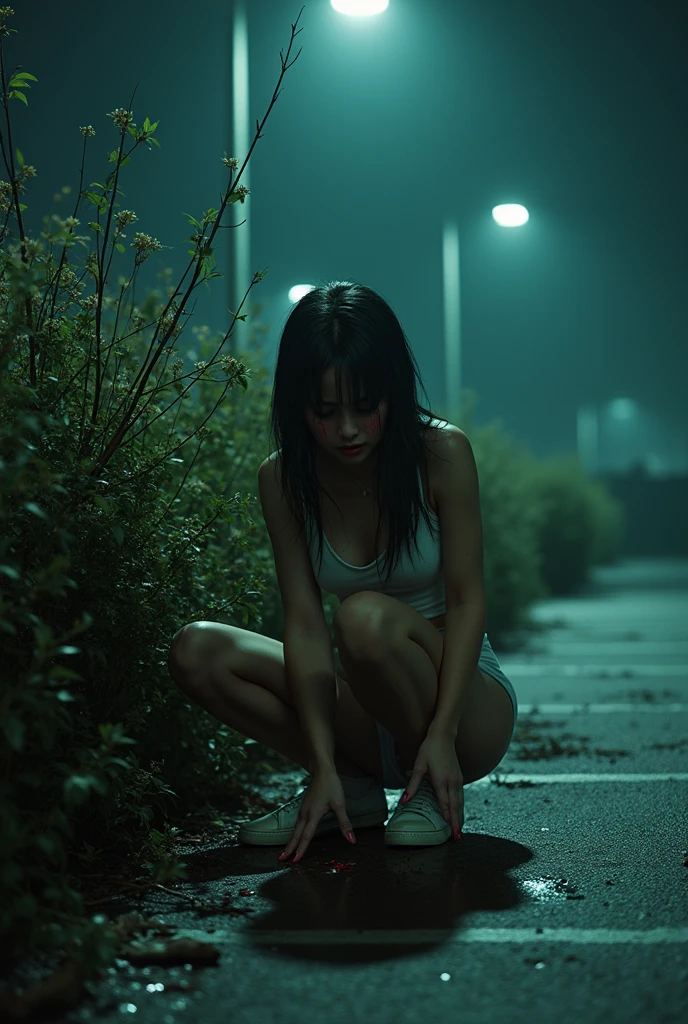 (a drunk  girl urgently peeing and pooping behind bushes in a parking lot, realistic, she pulls down her underwear and pants as she squats down, urine drips), hyper detailed, 8k, photorealistic, masterpiece, cinematic lighting, dramatic shadows, vibrant colors, gritty, grungy, moody, dystopian, dark fantasy