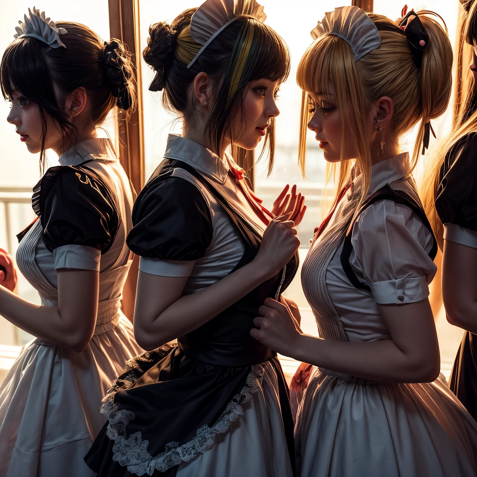 (Extremely Detailed((Kawaii Maid Group in a row:1.37))), Childish perfect face, Reflective Eyes, Detailed(Delicate Clothing textures), Dynamic Joyful Expressions LifeLike Rendering, (Specular Reflection:1.2), TopQuality 8K Ultra-detailed masterpiece (ProfessionalPhoto:1.37), (Acutance:0.8), (Luminism:1.28), (Renaissance art style), (Colorful Light particles:0.75), (Muscle:-0.5), ((Full body from side)), {(SkirtLift)|glossy floor|Kissing}, Radiant Fine Skin with Transparency, (Exposed:0.5), (Different types of anime character like hair colors:1.35)