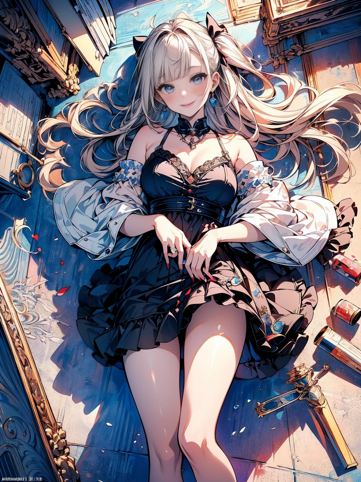 (master piece, high-quality, Mystical, Beautifully Aesthetic, ideal ratio of body proportions, image art, Impresionism), (ultra high resolution, 8K RAW photo, photo realistics, natural lighting, textile shading), (1 matured woman:1.3, solo:1.5, milf:1.1, nsfw:1.25), (Fractal pattern Art:1.2), shinny skin, tile patterns, ((alice in the wonderland:1.2, a girl floating in air:1.35, smiling with half-closing eyes)), ((flying PlayingCards, Trump, floating tea cup, floating tea pot, pocket watch:1.3, big mirror, lip sticks, candys, jam bottles)), cute animetic white rabbit, ((dark-Blue dress :1.5, a miniskirt, White Apron, white sock)), (platinum-blonde, tied hair with a ribbon), (Blue eyes, bright pupils with highlights, detailed eyes), (lying on your back:1.2, leaning backward:1.2, with rising up legs:1.3), ((dutch angle:1.5, full body:1.3, from below:1.2)), Exotic wallpapers, colorful image, simply background, fantastic, fantasy:1.5, ((correct anatomy:1.5, correct hand)),