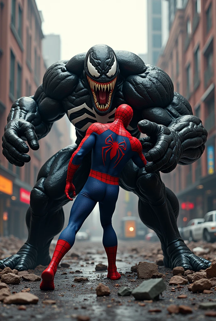 A dramatic close-up of the battle, with Spider-Man facing off against Venom in the middle of a destroyed street. Venom’s massive form towers over Spider-Man, and they are locked in combat, with Spider-Man using all his strength to hold his own.