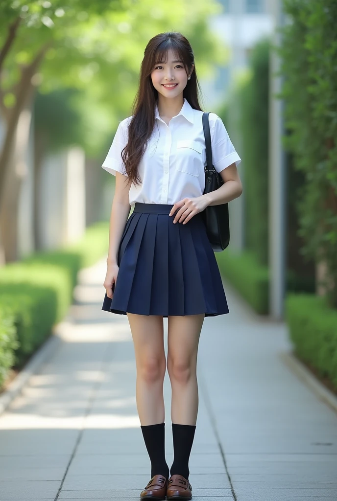 ((masterpiece, top quality, 8k, RAW photo, realistic, ultra highly detailed)), 1 girl, (japanese face:1.4), 18 years old, big smile:1.4, perfect cute face:1.4, symmetrical face, perfect body:1.4, dark brown hair, lower ponytail:1.4, light makeup, double eyelid, (full body shot, polite standing:1.3, beautiful legs:1.4), ((white button blouse, short sleeve, dark blue pleats micro mini skirt, black high socks, dark brown loafers, have a black bag)), (in campus:1.5)