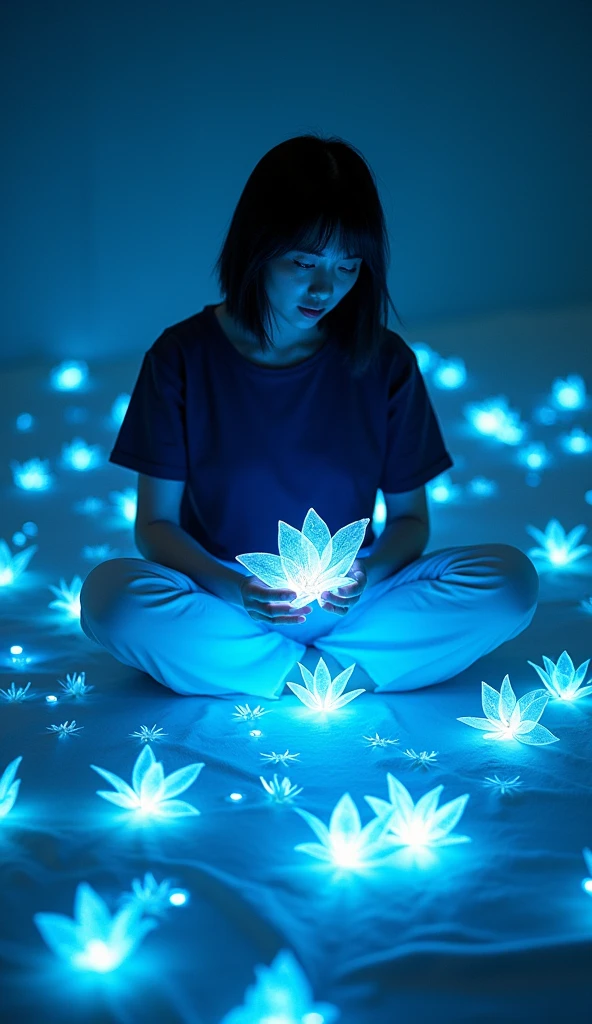 realistic photography, fantasy, a Japanese woman sitting on dark room, wearing navy t-shirt, white trousers , creating glowing flowers spelling out the words "Bing Ai Artistry Collective", glowing blue light, dynamic color, there is flowers scattered around her, depth of field, dynamic angle