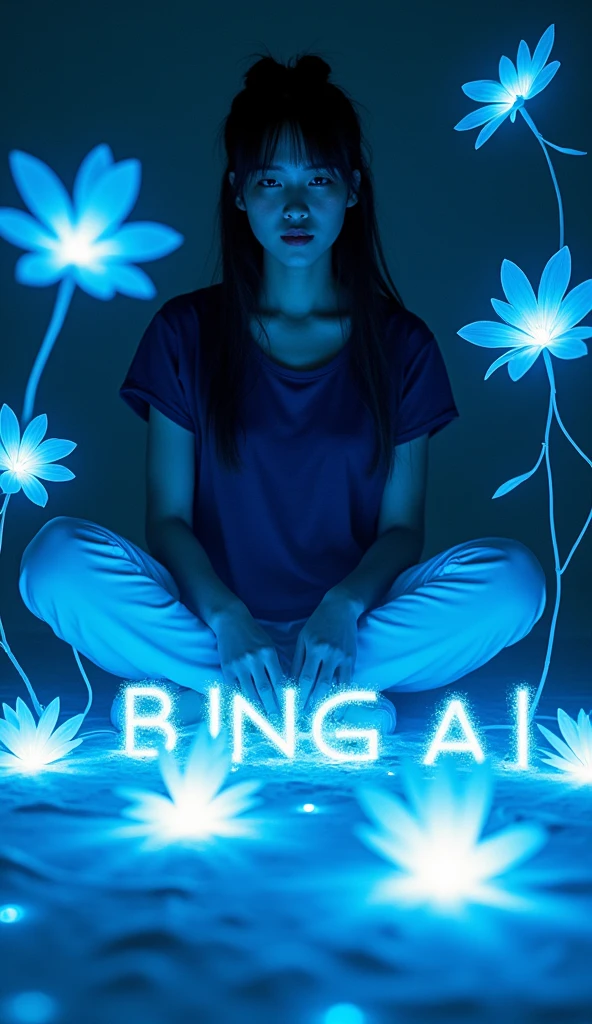 realistic photography, fantasy, a Japanese woman sitting on dark room, wearing navy t-shirt, white trousers , creating glowing flowers spelling out the words "Bing Ai Artistry Collective", glowing blue light, dynamic color, there is flowers scattered around her, depth of field, dynamic angle
