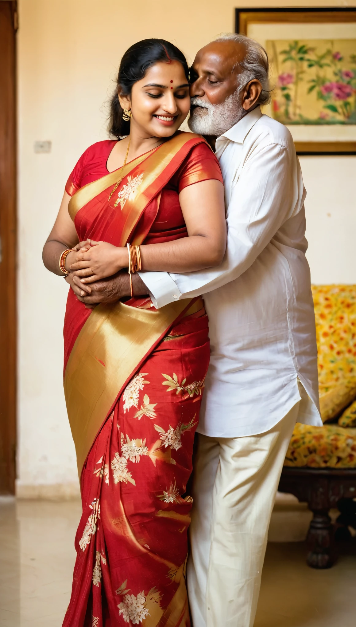 A radiant, full-figured South Indian body slim, 20 year wife young girl wearing a red floral patern thin saree tenderly hugging and kissing a old man 30 year husband in a living room, captured in a full-body image with vibrant hues and meticulous details.