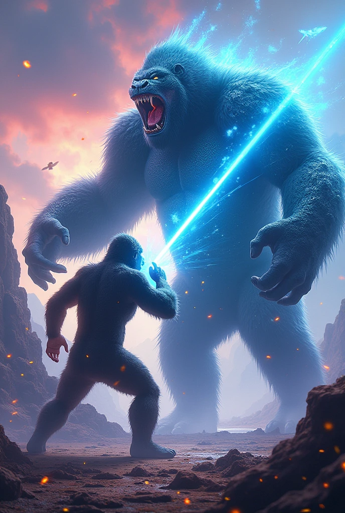 Giant gorilla fighting with Gigantic crystal lizard and shot a blue neon beam