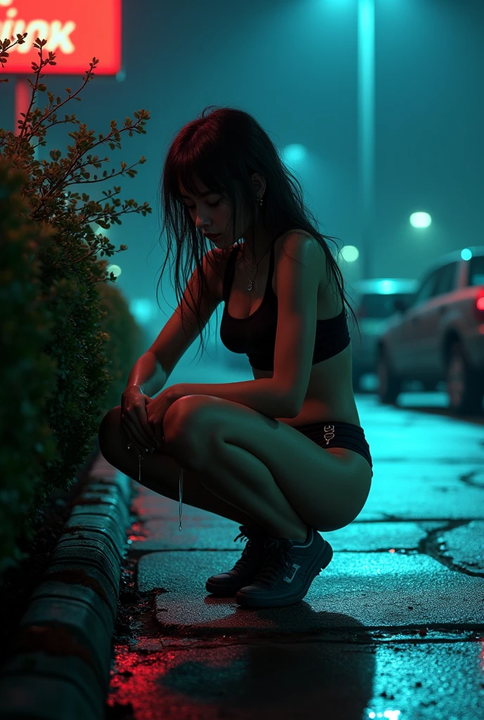 (a drunk  girl urgently peeing and pooping behind bushes in a parking lot, realistic, she pulls down her underwear and pants as she squats down, urine drips), hyper detailed, 8k, photorealistic, masterpiece, cinematic lighting, dramatic shadows, vibrant colors, gritty, grungy, moody, dystopian, dark fantasy