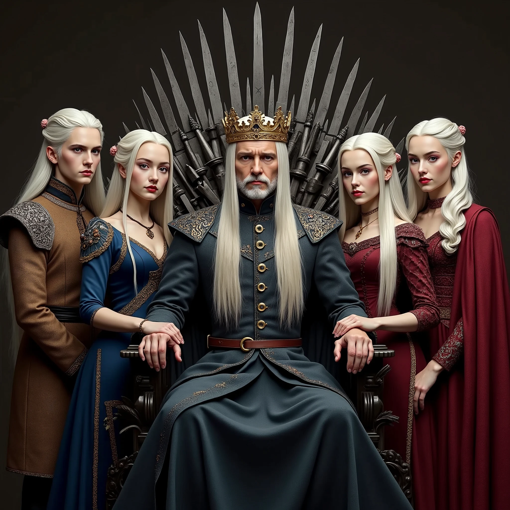 a close-up family picture of Targaryens from Game of Thrones, all with long white hair and purple eyes, lined-up in a row, wearing elegant clothing, with one Targaryen king in the middle, wearing a crown and sitting on the Iron Throne