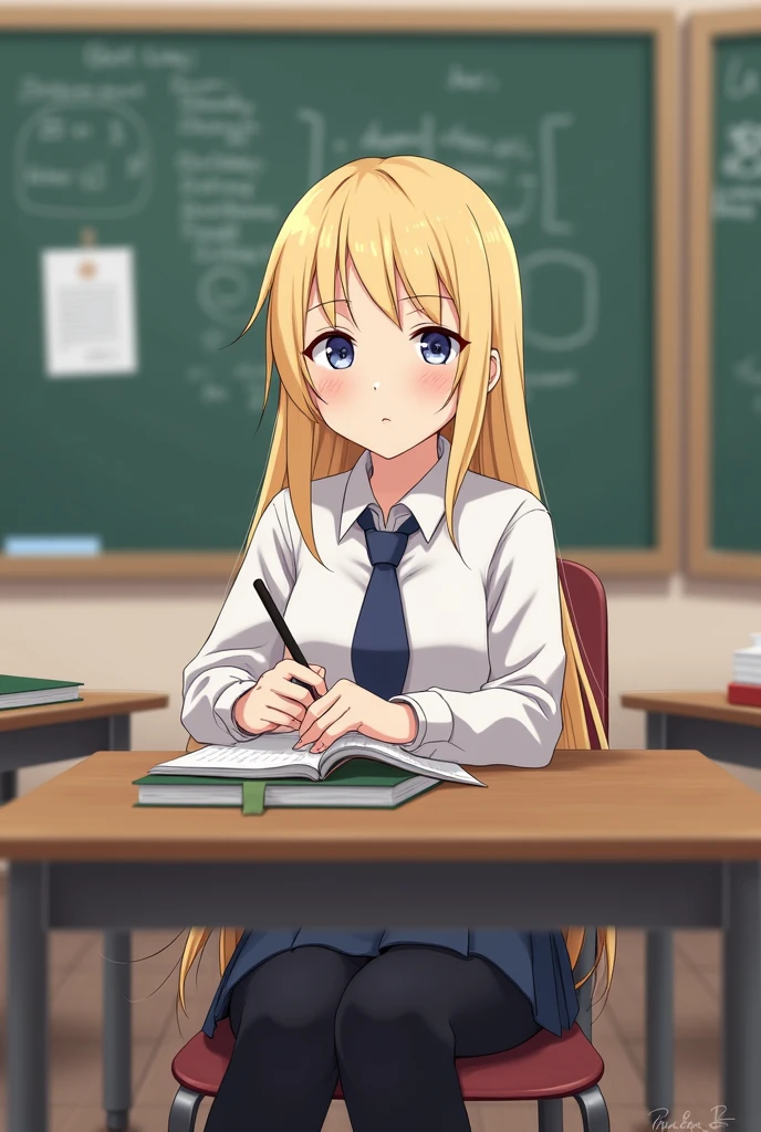 A blonde girl is sitting in class wearing a uniform.