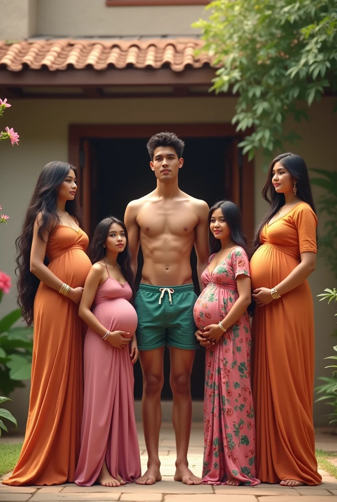 2 beautiful young Indonesian women with long hair, curvy and cute,and a handsome young man, Two heavily pregnant women are wearing long Punjabi dresses while holding their bellies, and a man is standing in the middle without a shirt, wearing short boxer shorts, taking a selfie in front of a house. 