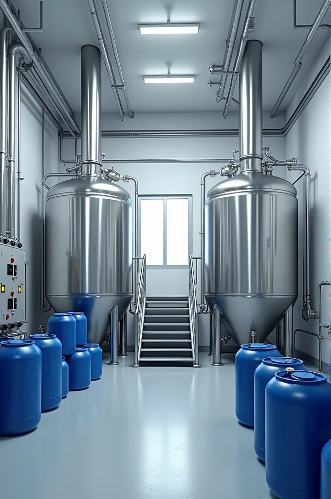 Realistic photo Industrial processing room featuring several large stainless steel tanks. Metal stairs provide access to the tanks. Blue plastic barrels are positioned on the left side. The walls are white, with overhead lighting and visible piping along the walls. A control panel with indicators is mounted on the left. Photo size 420x297 mm