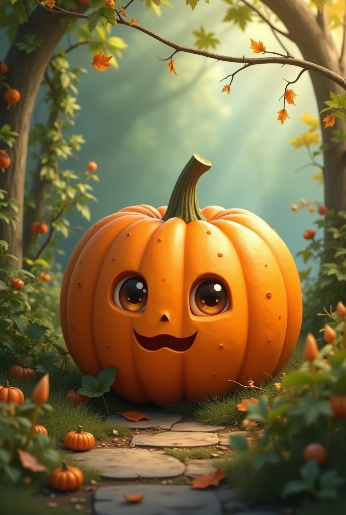 A dreamy pumpkin with kind eyes in the garden