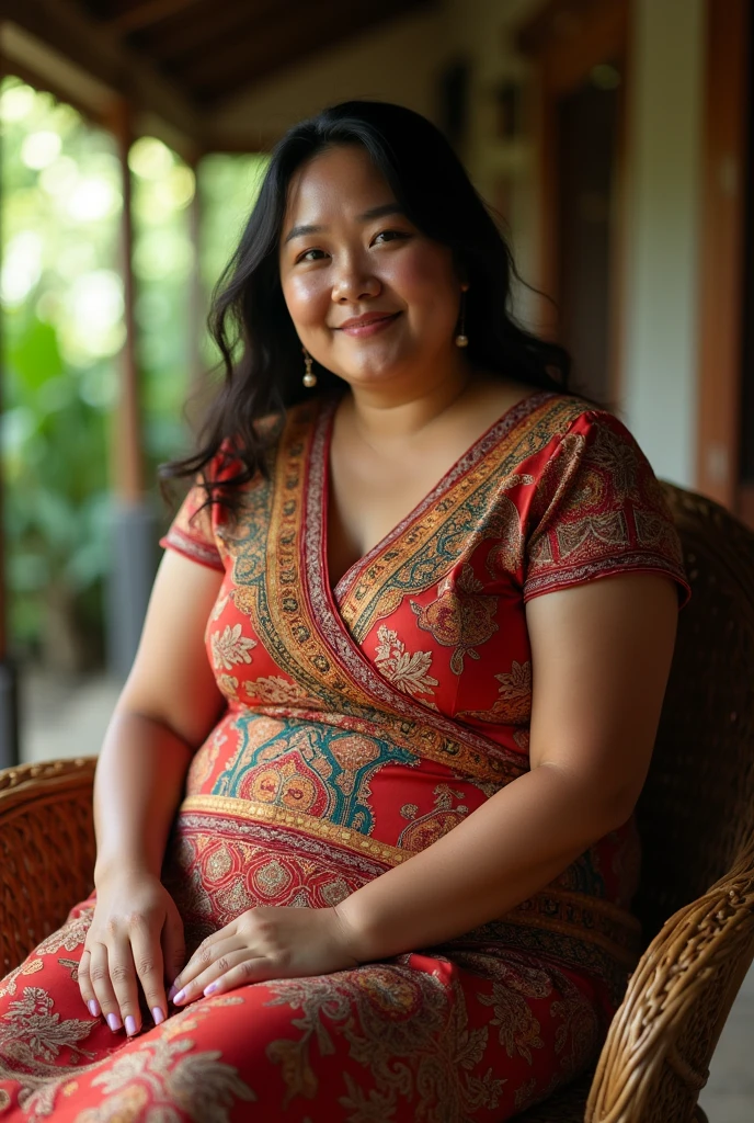 (hyperrealistic photo), exotic indonesian woman, plump, natural big breasts, knee-lenght batik housedress with intricate floral details, sit on rattan chair, looking at the viewer, natural light, wide angle full-body shot, indonesian village house in the background,