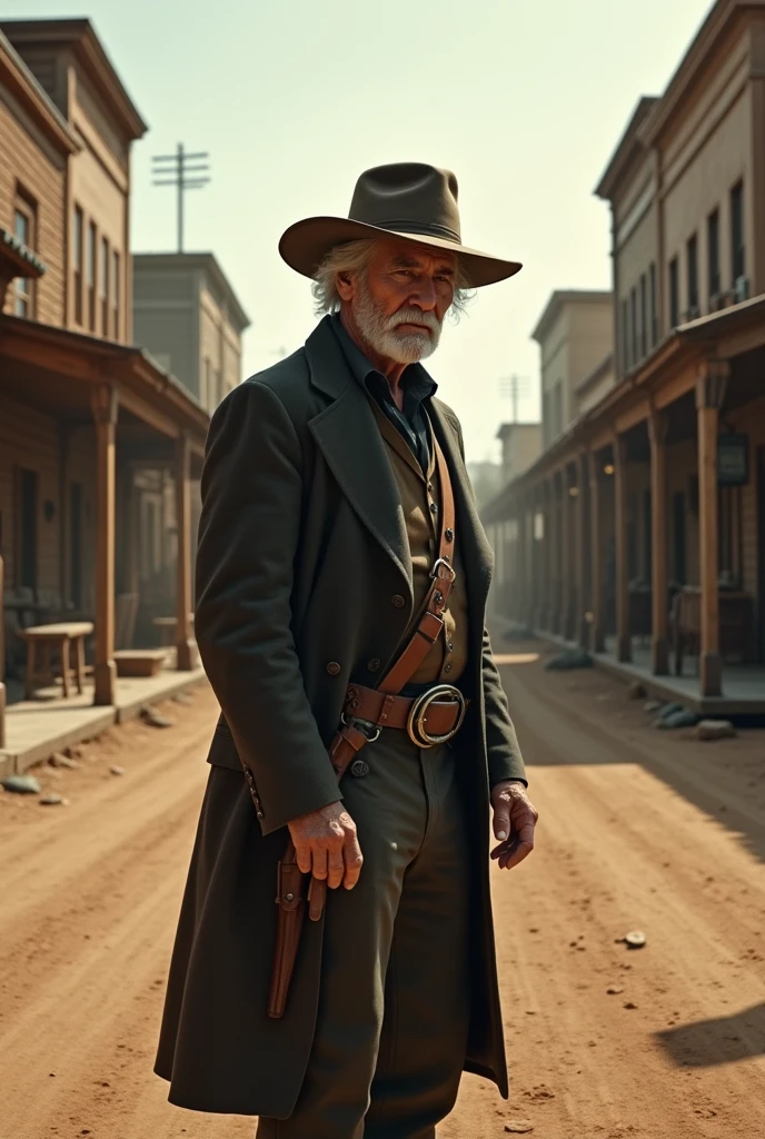 An old man with gray hair and a hat on his head, Old West dinner, standing in the middle of the street ready to duel, hand near the weapon, view behind him and the enemy ten meters in front of him