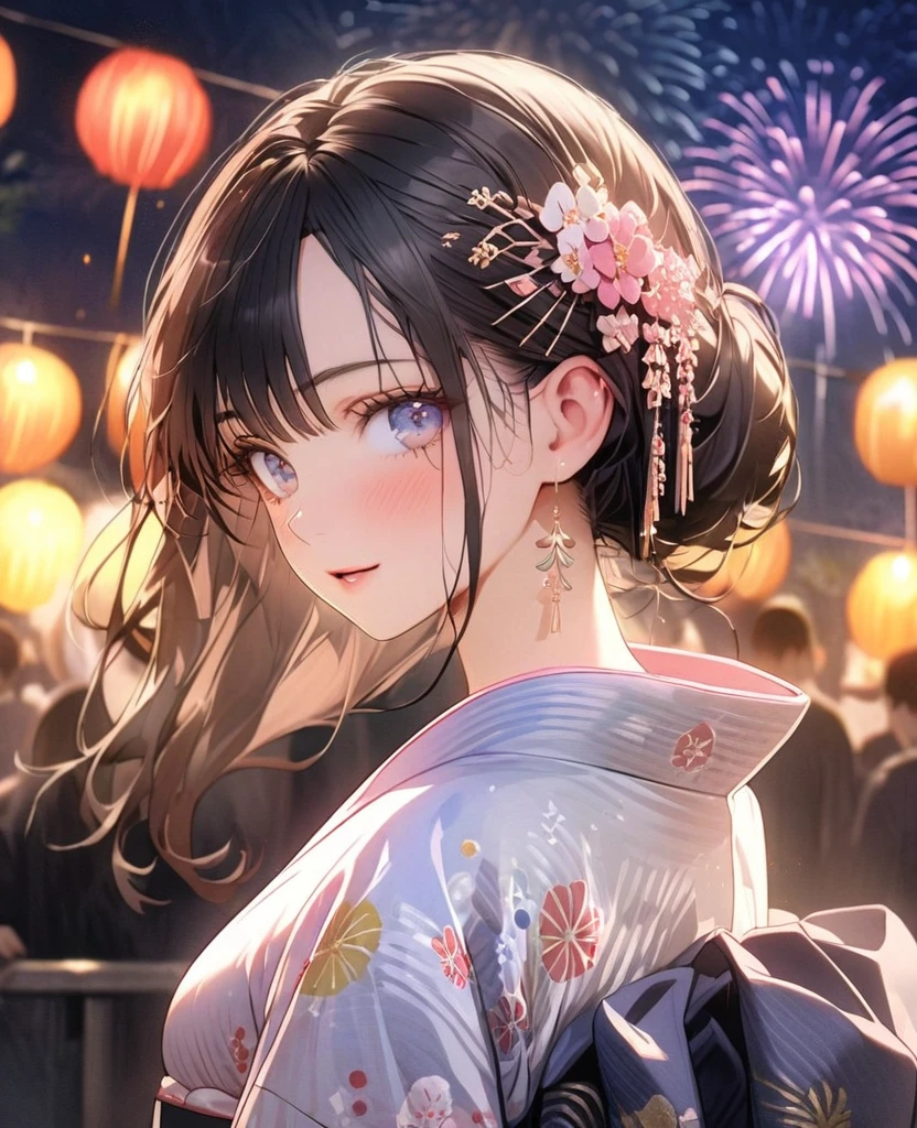 8k,Ephemeral beauty,Very delicate and beautiful,Beautiful and realistic skin,Shining like a jewel,Black Hair、Long and colorful hair,Beautiful Eyes,good,Beautiful night sky、firework、yukata、