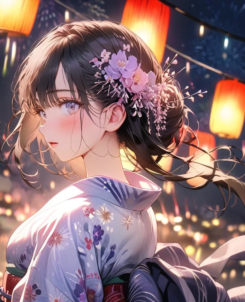 8k,Ephemeral beauty，Very delicate and beautiful,Beautiful and realistic skin,Shining like a jewel,Black Hair、Long and colorful hair,Beautiful Eyes,good,Beautiful night sky、firework、yukata、
