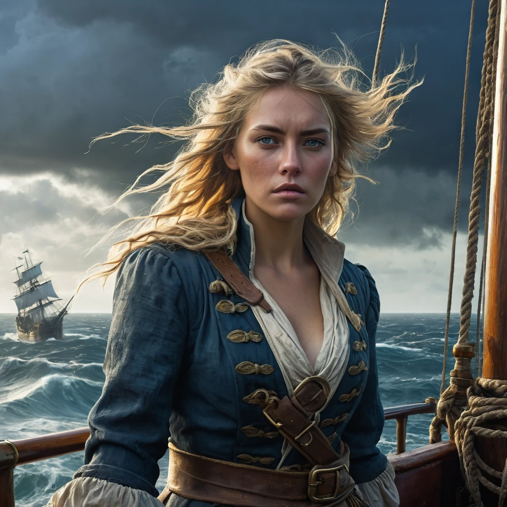 Grimy 24-year-old blonde pirate woman with weathered skin, sea-sprayed hair, and a salty gaze leaning against mast of. her storm-battered ship, a dagger by in her hand limp at her side, exhausted after another sea battle. The rough grey sea stretching out before her like an endless battlefield, waves crashing against the vessel's hull as dark, foreboding clouds gather on the horizon, an airship looming in the distance, its billowing sails tattered, the pirate's tunic a deep, rich blue with sea-worn whites and tawny leather accents, contrasting warm golden light on weathered wood and cold blue shadows, 8k hyper-real fantasy matte painting in the style of Simon Stalenhag, ZBrush textures and Unreal Engine 5, detailing reminiscent of Iain McCaig's concept art, loose brushstrokes echoing the rugged seascape my soulmate.]”