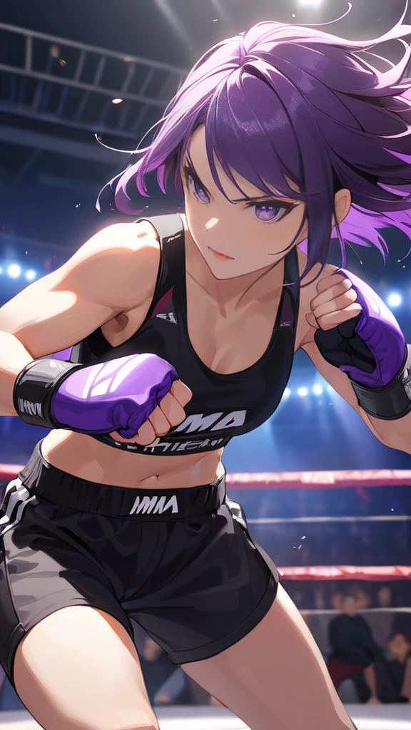 (MMA Arena :1.1), (Lighting:1.1), (Shadow:1.1), masterpiece, best quality, Multi haired Short black, Wearing half black and half purple jacket, wearing fingerless gloves, black tank top shirt, black shorts, purple pupil eyes, Punching Pose, Intimidate Face, MMA Arena.