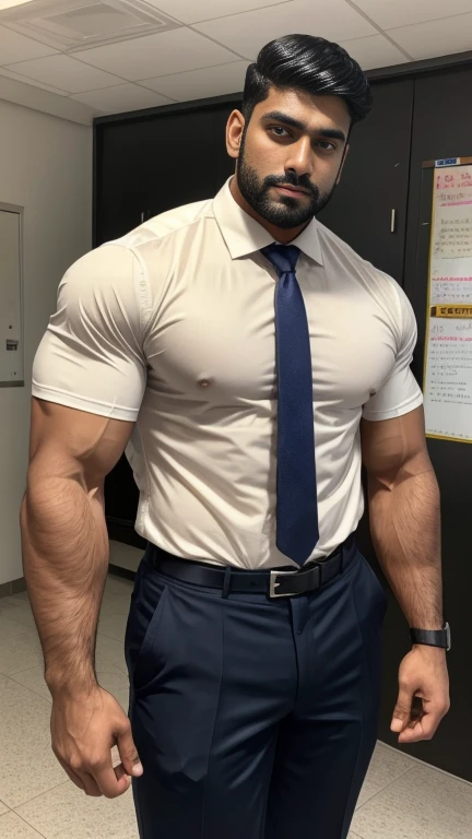 Two indian person (handsome hunk teacher, young boy) in one photo in school. 18 years old young clean shaved boy in school uniform. 30 years old handsome beared hunk teacher in formal suit masculine strong bodybuilder boy with huge wide muscular shoulders, wide chest, abs, masculine wide triceps, arms, biceps, big masculine legs, wide thighs, calfs, black-haired, hair falls on your face
