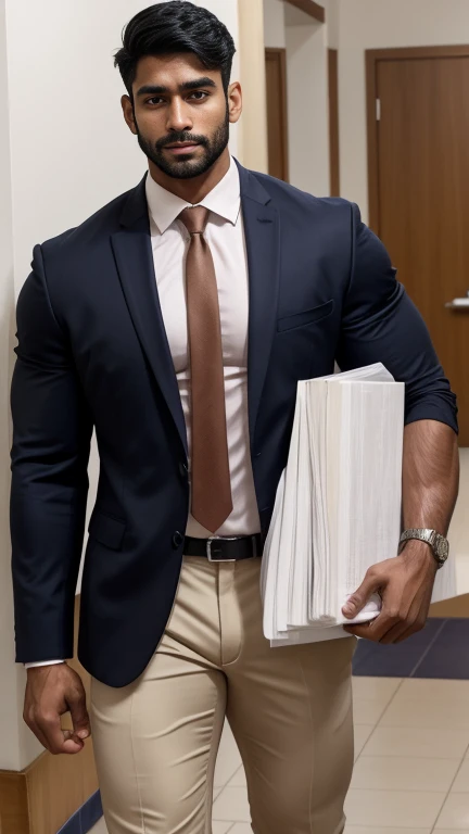 Two indian person (handsome hunk teacher, young boy) in one photo in school. 18 years old young clean shaved boy in school uniform. 30 years old handsome beared hunk teacher in formal suit masculine strong bodybuilder boy with huge wide muscular shoulders, wide chest, abs, masculine wide triceps, arms, biceps, big masculine legs, wide thighs, calfs, black-haired, hair falls on your face