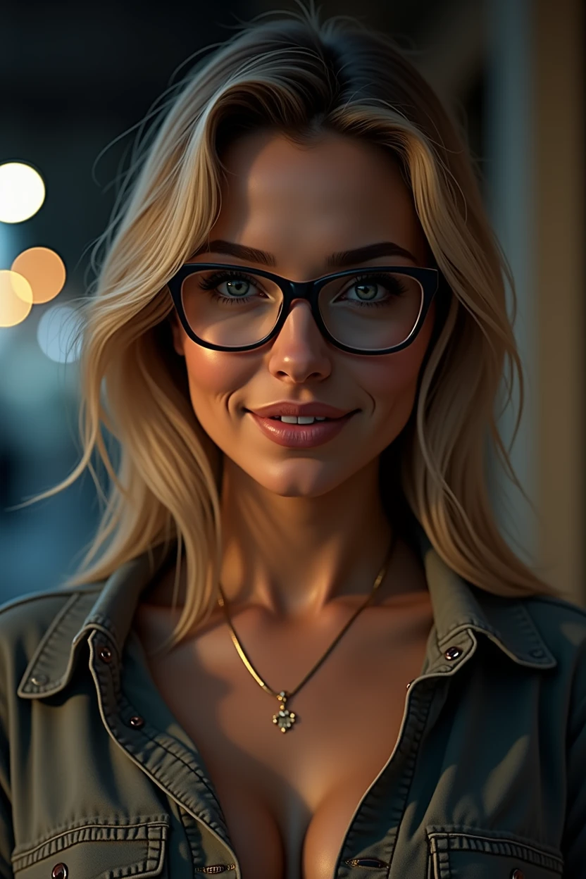 Caucasian woman long straight hair blue eyes , arbitrated nose, glasses on the nose, Blonde Hair, 50-year old woman, beautiful fat body,High Resolution, Breasts, Large breasts,