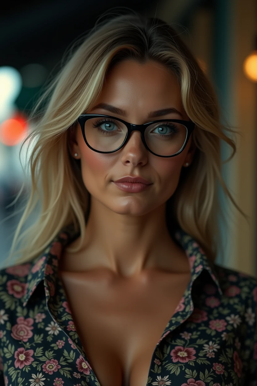 Caucasian woman long straight hair blue eyes  , arbitrated nose, glasses on the nose, Blonde Hair, 50-year old woman, beautiful fat body,High Resolution, Breasts, Large breasts, 