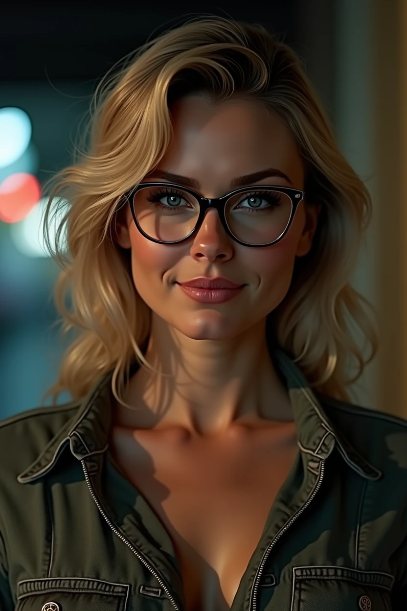 Caucasian woman long straight hair blue eyes , arbitrated nose, glasses on the nose, Blonde Hair, 50-year old woman, beautiful fat body,High Resolution, Breasts, Large breasts,